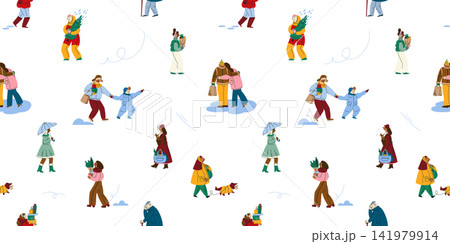 Seamless Pattern with Tiny Winter People Walking, Shopping and Celebrating Christmas, Minimal Scandinavian Lifestyle Illustration for Textile, Wallpaper and Gift Wrap Seamless Pattern with Tiny Winter People Walking, Shopping and Celebrating Christmas, Minimal Scandinavian Lifestyle Illustration for Textile, Wallpaper and Gift Wrap 141979914
