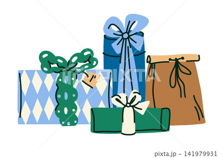 Hand Drawn Christmas Gift Boxes Collection with Wrapped Holiday Presents, Kraft Package and Festive Ribbon Illustration Hand Drawn Christmas Gift Boxes Collection with Wrapped Holiday Presents, Kraft Package and Festive Ribbon Illustration 141979931