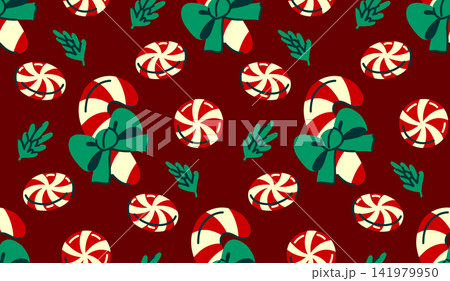 Seamless Christmas Candy Pattern with Peppermint and Ribbon Bow Hand Drawn Holiday Sweet Background for Fabric, Wrapping Paper, Textile, Seasonal Packaging and Festive Decor 141979950