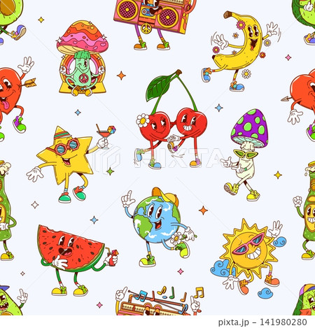 Cartoon groovy characters seamless pattern. Wrapping paper or fabric vector seamless pattern with mushrooms, banana fruit, cherries and Earth globe, sun, watermelon, heart, beer cute groovy characters Cartoon groovy characters seamless pattern. Wrapping paper or fabric vector seamless pattern with mushrooms, banana fruit, cherries and Earth globe, sun, watermelon, heart, beer cute groovy characters 141980280