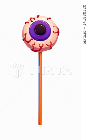 Halloween spooky eyeball lollypop sweet candy treat. Halloween creepy lollipop treat, spooky sucker isolated vector dessert. Horror holiday eyeball lollypop candy with human eye and blood vessels Halloween spooky eyeball lollypop sweet candy treat. Halloween creepy lollipop treat, spooky sucker isolated vector dessert. Horror holiday eyeball lollypop candy with human eye and blood vessels 141980320