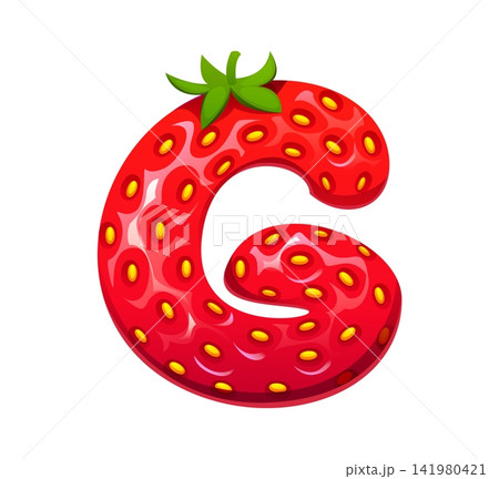 Cartoon strawberry, farm red berry ABC typeset, font letter G. Ripe plant typeset sign, farm strawberry English alphabet vector font symbol. Forest berry type garden fruit letter 141980421