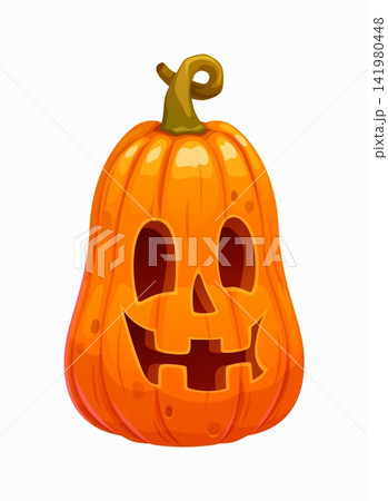 Halloween horror cartoon pumpkin smiling face. Scary Jack o lantern, horror holiday cartoon isolated vector creepy lantern face. Halloween horror pumpkin face or carving with smiling toothy mouth 141980448