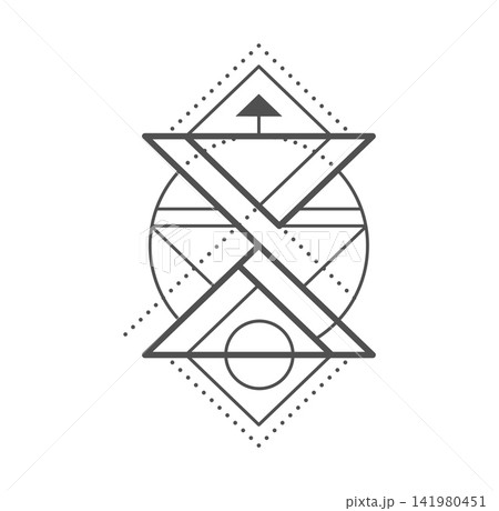 Sacred geometry tattoo, zodiac esoteric symbol or occult decoration. sacred tattoo, witchcraft occult vector embellishment. Tarot mystical symbol or esoteric print made of triangles and circle shapes 141980451