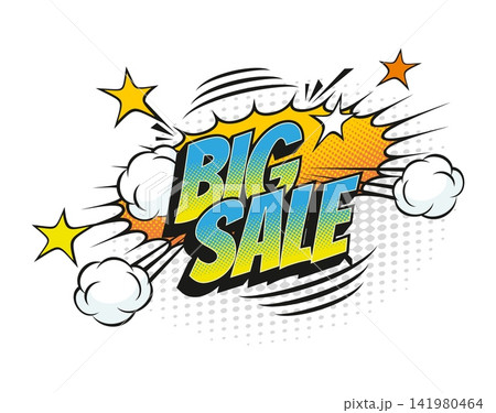 Cartoon halftone big sale comic speech bubble. Shop price off comic bubble tag, discount expression vector effect. Sale text cloud pop art sticker with blue typography, smoke cloud and boom sparks Cartoon halftone big sale comic speech bubble. Shop price off comic bubble tag, discount expression vector effect. Sale text cloud pop art sticker with blue typography, smoke cloud and boom sparks 141980464