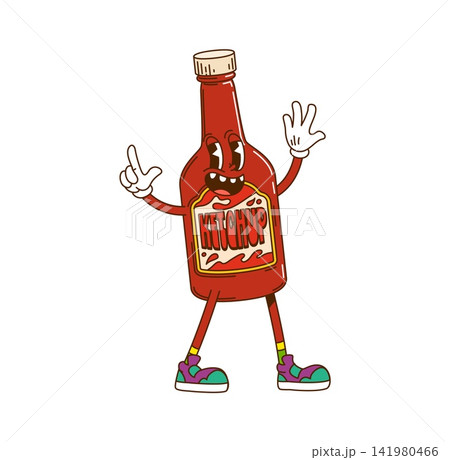 Cartoon groovy barbecue and grill BBQ ketchup bottle character. Food grilling groovy vector character, BBQ cheerful personage. Barbecue ketchup tomato sauce pointing finger and happy smiling mascot Cartoon groovy barbecue and grill BBQ ketchup bottle character. Food grilling groovy vector character, BBQ cheerful personage. Barbecue ketchup tomato sauce pointing finger and happy smiling mascot 141980466