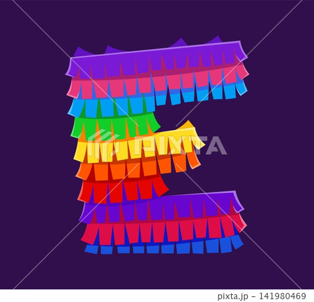 Mexican carnival pinata font E letter, rainbow cartoon alphabet typeset, English ABC type. Mexico carnival alphabet letter, birthday party paper vector typeset. Mexican pinata English font type Mexican carnival pinata font E letter, rainbow cartoon alphabet typeset, English ABC type. Mexico carnival alphabet letter, birthday party paper vector typeset. Mexican pinata English font type 141980469