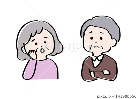 悩んでいる高齢者夫婦のかわいい手描きイラスト 悩んでいる高齢者夫婦のかわいい手描きイラスト 141980656