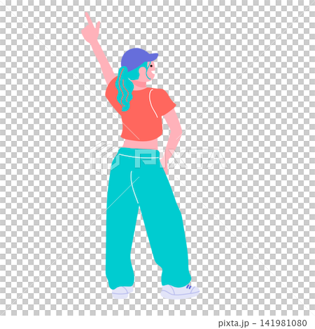 キャップをかぶり指を上に差す後ろ姿の若者のイラスト 141981080
