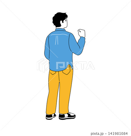 ガッツポーズをする後ろ姿の若者の線画イラスト 141981084