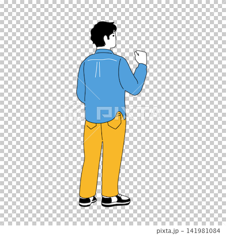 ガッツポーズをする後ろ姿の若者の線画イラスト 141981084