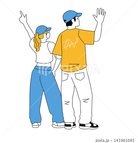 手を上げる後ろ姿の男女の若者の線画イラスト 手を上げる後ろ姿の男女の若者の線画イラスト 141981085