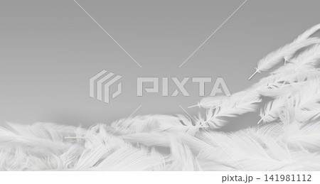 3d feathers frame, white down border on soft gray background. Realistic bird plumage of goose, swan or angel for luxury branding, wedding design, cosmetic banner. Lightweight concept. 3D illustration 141981112