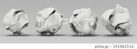 Realistic 3D set of crumpled graph paper balls isolated on background. White crinkle trash, notebook page with square grid pattern, creased love letter sheet, wastepaper for recycling. 3D illustration 141981518
