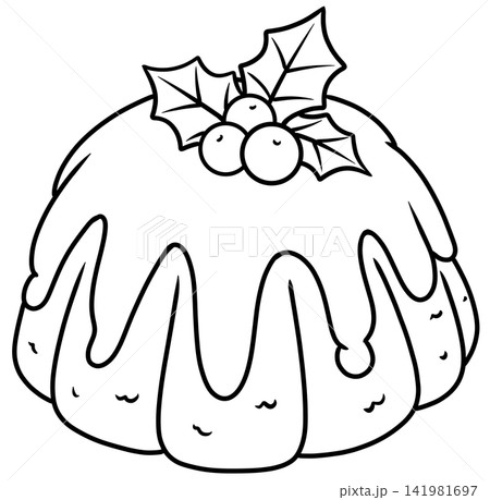 Christmas Pudding with Holly and Berries Line Art Illustration Christmas Pudding with Holly and Berries Line Art Illustration 141981697