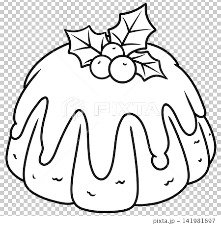 Christmas Pudding with Holly and Berries Line Art Illustration Christmas Pudding with Holly and Berries Line Art Illustration 141981697