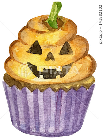 Watercolor Halloween Cupcake with Jack O Lantern Pumpkin Frosting Watercolor Halloween Cupcake with Jack O Lantern Pumpkin Frosting 141982102
