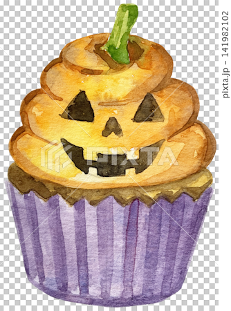 Watercolor Halloween Cupcake with Jack O Lantern Pumpkin Frosting Watercolor Halloween Cupcake with Jack O Lantern Pumpkin Frosting 141982102