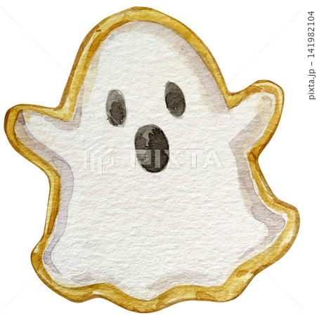 Watercolor Halloween Ghost Cookie Illustration with Golden Crust 141982104
