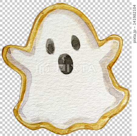 Watercolor Halloween Ghost Cookie Illustration with Golden Crust Watercolor Halloween Ghost Cookie Illustration with Golden Crust 141982104