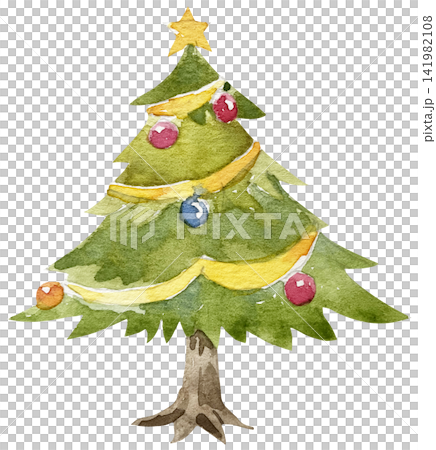 Watercolor Christmas Tree Illustration Decorated with Star and Ornaments Watercolor Christmas Tree Illustration Decorated with Star and Ornaments 141982108