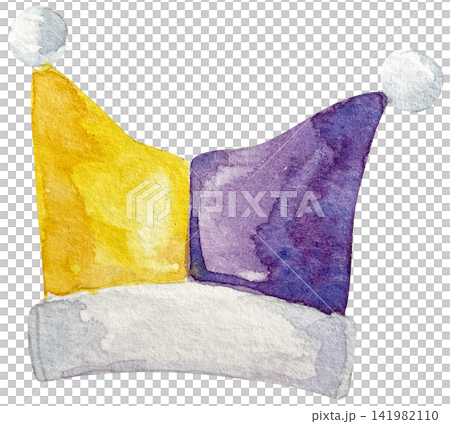 Watercolor Two Tone Jester Hat Illustration for Festive Holiday Decor Watercolor Two Tone Jester Hat Illustration for Festive Holiday Decor 141982110