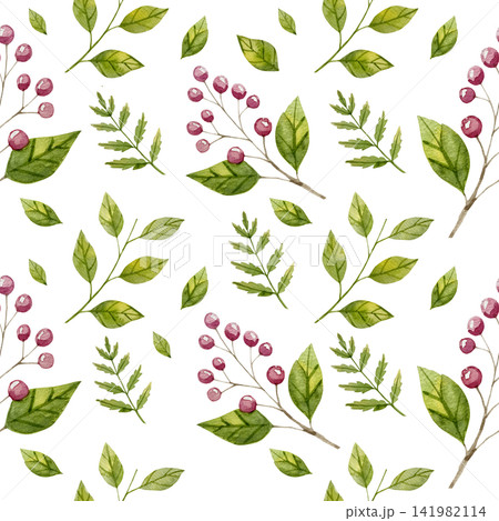 Watercolor Botanical Seamless Pattern with Green Leaves and Red Berries for Elegant Fabric and Wallpaper Design Watercolor Botanical Seamless Pattern with Green Leaves and Red Berries for Elegant Fabric and Wallpaper Design 141982114