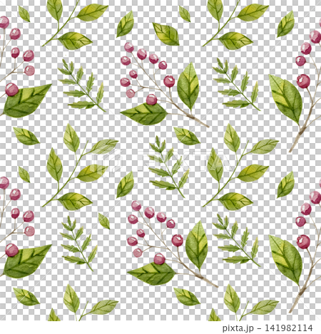 Watercolor Botanical Seamless Pattern with Green Leaves and Red Berries for Elegant Fabric and Wallpaper Design Watercolor Botanical Seamless Pattern with Green Leaves and Red Berries for Elegant Fabric and Wallpaper Design 141982114