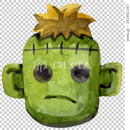 Cute watercolor Frankenstein monster face illustration on black background Cute watercolor Frankenstein monster face illustration on black background 141982167