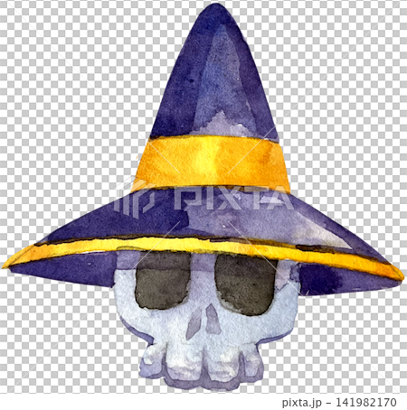 Watercolor Halloween skull wearing purple witch hat isolated on black background Watercolor Halloween skull wearing purple witch hat isolated on black background 141982170