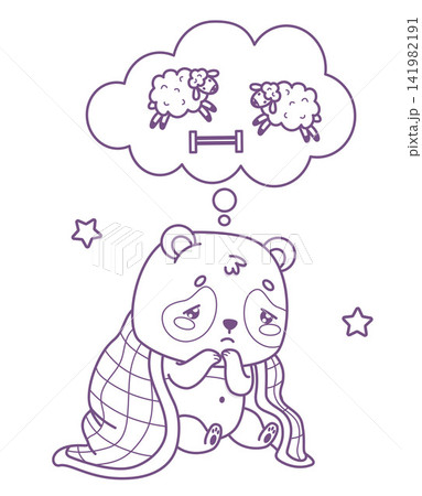 Outline Tired Kawaii Panda Wrapped In Blanket Counting Sheep In Thought Bubble For Insomnia. Unhappy Cartoon Bear Character Unable To Sleep Night. Line drawing, coloring page. Vector Illustration. 141982191