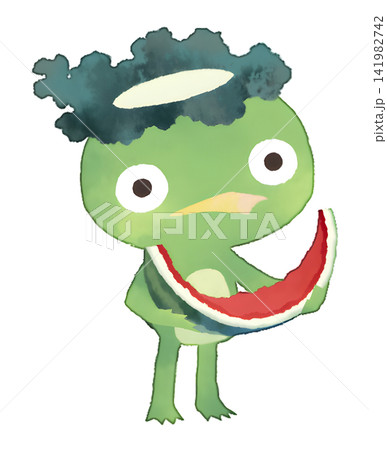 赤いスイカを食べたカッパのイラスト 水彩風 透過PNG 141982742