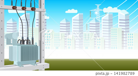 High voltage pylons, electric towers in field with bright sky, flat vector background. 141982789