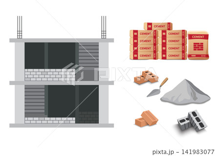 Bagged cement and ready to use bricks for construction work. 141983077