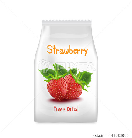 Bag of dried fruit strawberry products isolated on white background. Vector illustration of sweet dried strawberries Healthy snacks. Bag of dried fruit strawberry products isolated on white background. Vector illustration of sweet dried strawberries Healthy snacks. 141983090