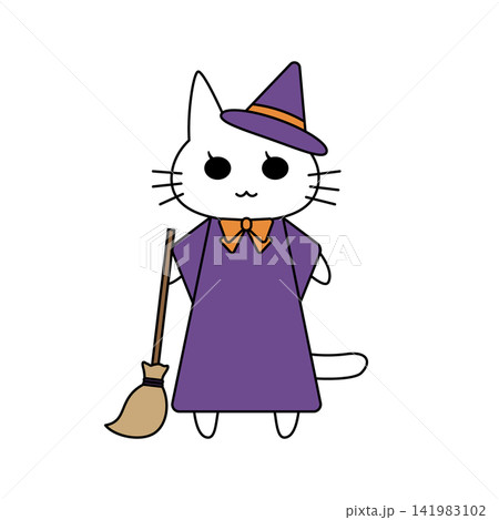 ハロウィンの魔女に仮装した白猫とほうきのかわいいイラスト ハロウィンの魔女に仮装した白猫とほうきのかわいいイラスト 141983102