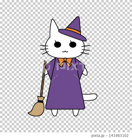ハロウィンの魔女に仮装した白猫とほうきのかわいいイラスト ハロウィンの魔女に仮装した白猫とほうきのかわいいイラスト 141983102