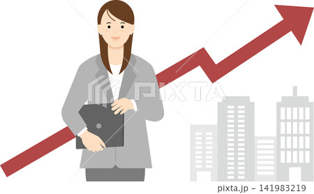 売上が伸びている会社の前でパソコンを持っている女性 売上が伸びている会社の前でパソコンを持っている女性 141983219