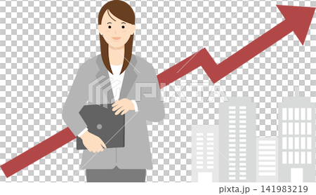 売上が伸びている会社の前でパソコンを持っている女性 売上が伸びている会社の前でパソコンを持っている女性 141983219