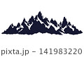 Silhouette of a rugged snow-capped mountain range, jagged rocky peaks and alpine ridges, isolated graphic cutout element for outdoor adventure design on transparent background 141983220