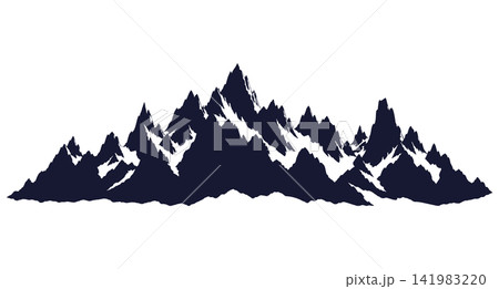 Silhouette of a rugged snow-capped mountain range, jagged rocky peaks and alpine ridges, isolated graphic cutout element for outdoor adventure design on transparent background Silhouette of a rugged snow-capped mountain range, jagged rocky peaks and alpine ridges, isolated graphic cutout element for outdoor adventure design on transparent background 141983220