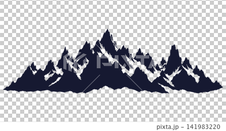 Silhouette of a rugged snow-capped mountain range, jagged rocky peaks and alpine ridges, isolated graphic cutout element for outdoor adventure design on transparent background Silhouette of a rugged snow-capped mountain range, jagged rocky peaks and alpine ridges, isolated graphic cutout element for outdoor adventure design on transparent background 141983220