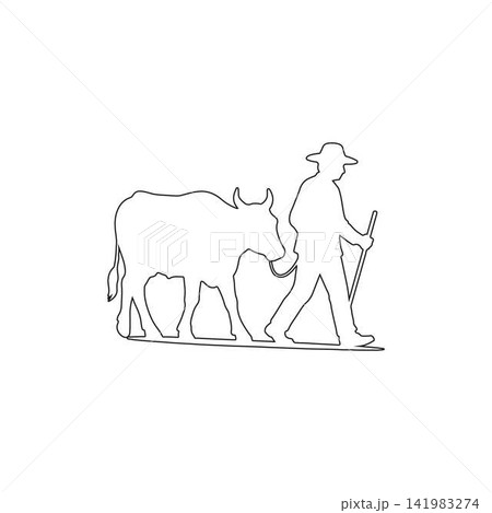 farmer leading ox outline rural agriculture livestock farming countryside concept isolated on white background farmer leading ox outline rural agriculture livestock farming countryside concept isolated on white background 141983274