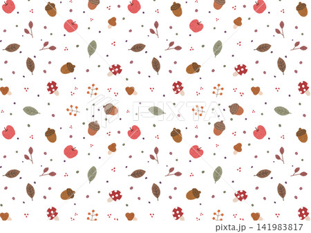 手描き風の秋モチーフ散りばめ背景素材 （透明PNG） 141983817