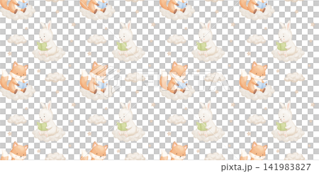 Seamless pattern with cute baby animals fox and rabbit with books. Childish reading characters for kids. Watercolour isolated illustrations on white background Seamless pattern with cute baby animals fox and rabbit with books. Childish reading characters for kids. Watercolour isolated illustrations on white background 141983827