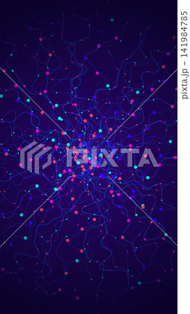 Vertical abstract background shows vibrant cyan pink glowing nodes densely branching outward through smooth wavy lines on dark purple backdrop created digitally, modern tech concepts Vertical abstract background shows vibrant cyan pink glowing nodes densely branching outward through smooth wavy lines on dark purple backdrop created digitally, modern tech concepts 141984785