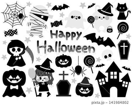 かわいいハロウィンのイラストセット（モノクロ） 141984802