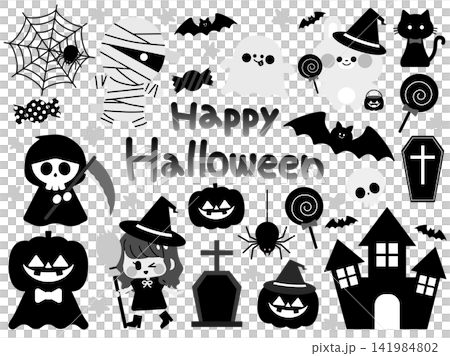 かわいいハロウィンのイラストセット（モノクロ） 141984802