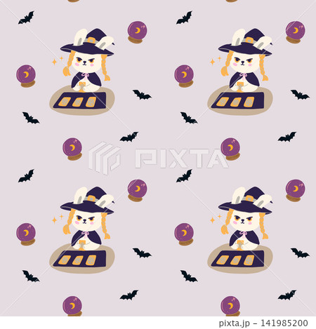 Halloween Witch Rabbit Seamless Pattern with Tarot Card, Crystal Ball and Bat Halloween Witch Rabbit Seamless Pattern with Tarot Card, Crystal Ball and Bat 141985200