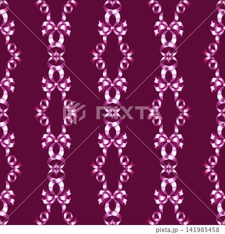A seamless pattern of pink ribbon bows. A hand drawn watercolor illustration. Against a dark pink background. Ideal for textiles, tablecloths and curtains, wrapping paper, wallpaper, and much more. A seamless pattern of pink ribbon bows. A hand drawn watercolor illustration. Against a dark pink background. Ideal for textiles, tablecloths and curtains, wrapping paper, wallpaper, and much more. 141985458